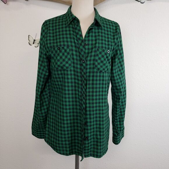 COPY - Hot Topic black and green checked plaid poly cotton blend - Picture 1 of 5